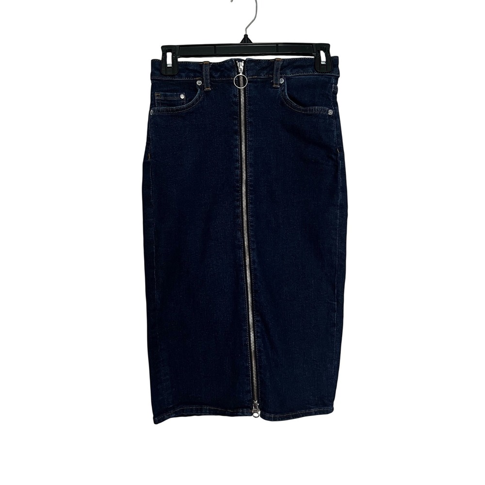 H&M &Denim Dark Wash Front Zip Pencil Skirt Blue High Waist Size 2